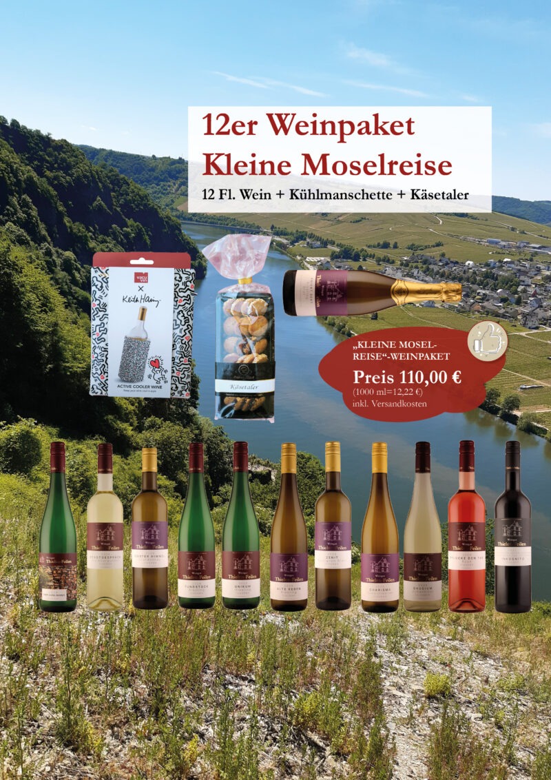 Kleine Moselreise - 12er Weinpaket trocken + Kühlmanschette + Käsetaler